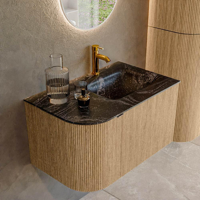 MONDIAZ KURVE-DLUX 75cm badmeubel met module 25 L kleur Oak met 1 lade en 1 deur. Wastafel GRUNNE rechts 1 kraangat kleur Lava.