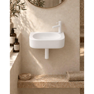 QeramiQ Fuente pack lave-mains – demi-rond – 40 x 21,5 x 12 cm – perçage à droite – robinet blanc mat