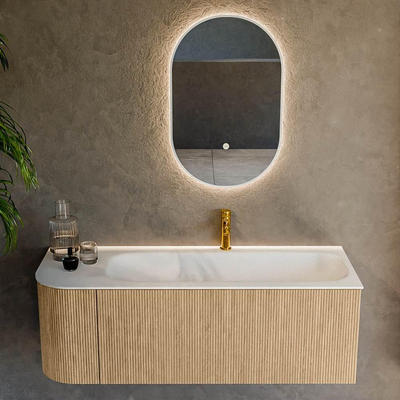 MONDIAZ KURVE 125cm Meuble salle de bain avec module 25 G - couleur Oak - 1 tiroir - 1 porte - vasque BIG MEDIUM droite - 1 trou de robinet - Talc