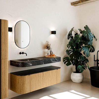 MONDIAZ THOR-DLUX 140cm badmeubel ronding links + rechts kleur Oak met 1 lade en 2 deuren. Vrijhangende wastafel CLOUD Links zonder kraangat kleur Lava.