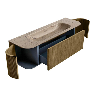 MONDIAZ KURVE-DLUX Meuble de salle de bains 150cm arrondi Gauche + Droite couleur Dusk avec 1 tiroir et 2 portes. Plan-vasque BIG MEDIUM Central sans trou de robinet Arena.