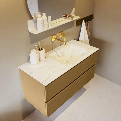 Mondiaz VICA-DLUX ensemble de meuble de salle de bain - 100cm - meuble sous-vasque oro - 2 tiroirs - lavabo encastré cloud droite - sans trous de robinet - version haute de 60cm - opalo