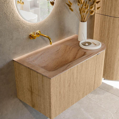 MONDIAZ KURVE-DLUX 85cm badmeubel ronding Rechts kleur Oak met 1 lade en 1 deur. Wastafel CLOUD Links zonder kraangat Saba.