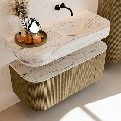 MONDIAZ THOR-DLUX Meuble de salle de bains 110cm arrondi gauche + droite couleur Dusk avec 1 tiroir et 2 portes. Vasque suspendue CLOUD Droite sans trou de robinet couleur Nata.