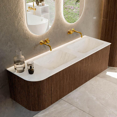 MONDIAZ KURVE-DLUX Meuble de salle de bains 145 cm avec module 25 L couleur Walnut avec 1 tiroir et 1 porte. Lavabo LEAF double / à droite sans trou de robinet couleur Opalo.