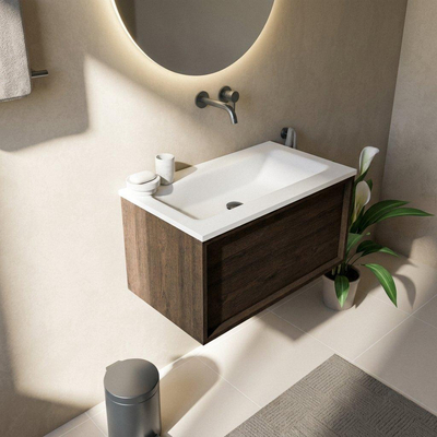 Saniclass Holz Frame Ensemble de meubles de salle de bains - 80x45x57.5cm - lavabo Torino en solid surface blanc - sans trou de robinetterie - 1 tiroir - chêne charcoal mat (bois)