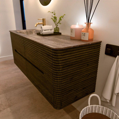 Mondiaz CIRO-DLUX Meuble de salle de bains - 130x45x50cm - Plan vasque solid surface Oza - 1 lavabo à gauche - 1 trou de robinet - 4 tiroirs - Shadow