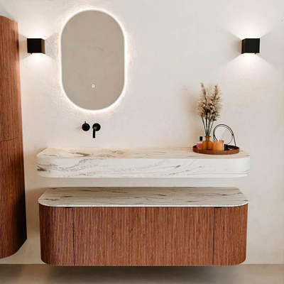 MONDIAZ THOR-DLUX 140cm meuble de salle de bains arrondi gauche + droite couleur Ruby avec 1 tiroir et 2 portes. Vasque suspendue CLOUD Gauche sans trou de robinet couleur Nata.