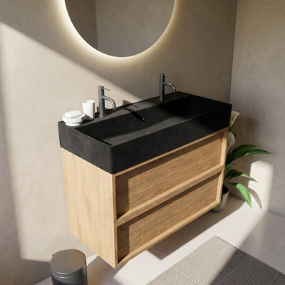 Saniclass Holz Frame Ensemble meuble de salle de bains - 100x45x72cm - lavabo Legend en céramique noir mat - 1 vasque - 2 trous de robinetterie - 2 tiroirs - chêne natural mat (bois)