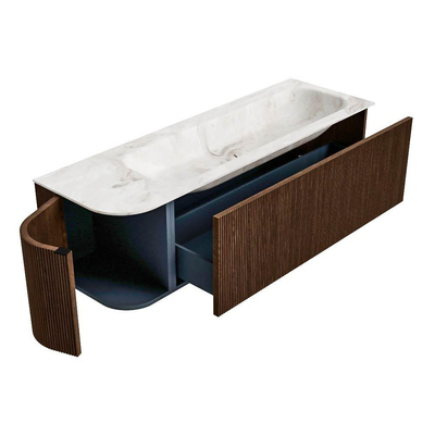 MONDIAZ KURVE-DLUX 145cm meuble de salle de bains avec module 25 L couleur Walnut avec 1 tiroir et 1 porte. Lavabo BIG LARGE à droite 1 trou de robinet couleur Frappe.