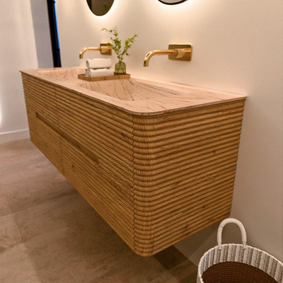 Mondiaz CIRO-DLUX Meuble de salle de bains - 150x45x50cm - Plan vasque solid surface Arena - 2 vasques Double - sans trous de robinetterie - 4 tiroirs - Chêne