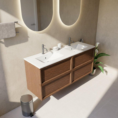 Saniclass Holz Frame Ensemble de meubles de salle de bains - 140x45x62cm - Lavabo Vygo en céramique blanc - 2 vasques - 2 trous de robinetterie - 4 tiroirs - brillant walnut pure (bois)