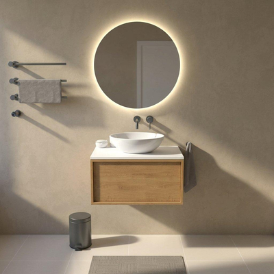 Saniclass Holz Frame Ensemble de meuble de salle de bains - 80x45x42.5cm - plan de travail Torino en Solid Surface blanc - sans trou de robinet - 1 tiroir - chêne natural mat (bois)