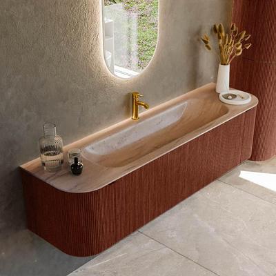 MONDIAZ KURVE-DLUX Meuble de salle de bains 170cm arrondi Gauche + Droite couleur Ruby avec 1 tiroir et 2 portes. Lavabo BIG LARGE Central 1 trou de robinet Saba.
