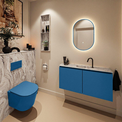 MONDIAZ TURE-DLUX Meuble toilette - 100cm - Jeans - EDEN - vasque Glace - position centrale - 1 trou de robinet