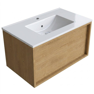 Saniclass Holz Frame Ensemble de meuble de salle de bains - 80x45x42cm - lavabo Vygo en céramique blanc - 1 vasque - 1 trou de robinet - 1 tiroir - chêne naturel mat (bois)