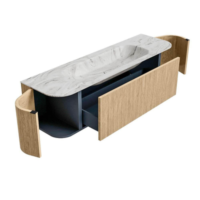 MONDIAZ KURVE-DLUX Meuble de salle de bains 160 cm avec module 25 Len R couleur Oak avec 1 tiroir et 2 portes. Lavabo BIG MEDIUM au centre 1 trou de robinet couleur Glace.