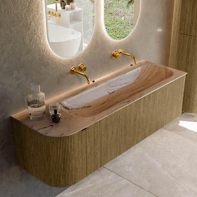 MONDIAZ KURVE-DLUX 145cm meuble de salle de bains arrondi gauche couleur Dusk avec 1 tiroir et 1 porte. Plan-vasque BIG LARGE droite sans trou de robinet Arena.