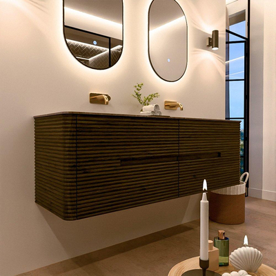 Mondiaz CIRO-DLUX Badkamermeubelset - 150x45x50cm - Solid surface wastafel Oza - 2 wasbak Dubbel - zonder kraangaten - 4 lades - Shadow