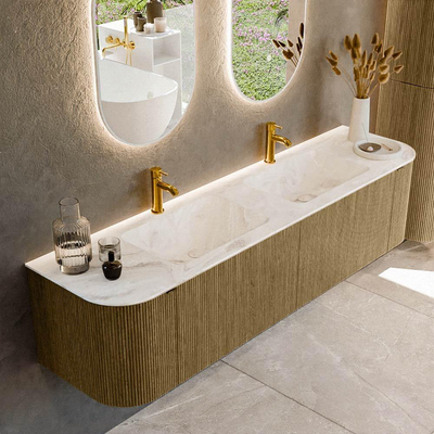 Mondiaz KURVE-DLUX Badkamermeubelset - 180x46x40cm - 2 lade - 2 deuren - wastafel solid surface - dubbel - 2 kraangaten - Dusk