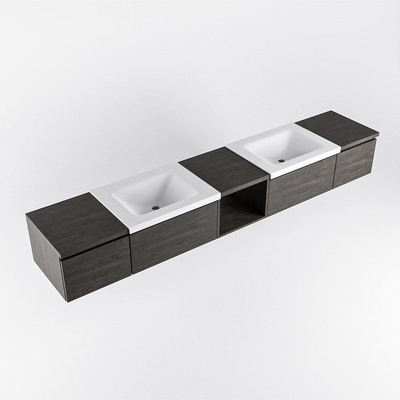 MONDIAZ BUKLA 240cm meuble de salle de bain avec module ouvert 40 au milieu couleur Marron Foncé avec 4 tiroirs. Lavabo CLOUD double 0 trou de robinet couleur Talc.