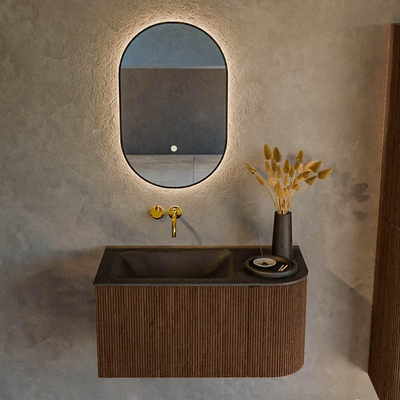 MONDIAZ KURVE 85cm badmeubel met module 25 R kleur Walnut met 1 lade en 1 deur. Wastafel CLOUD links zonder kraangat Urban.