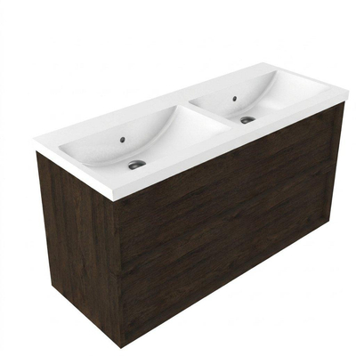 Saniclass Holz Frame Ensemble meuble de salle de bains - 120x45x63.5cm - Bari lavabo en céramique blanc - 2 vasques - sans trous de robinetterie - 2 tiroirs - chêne charcoal mat (bois)