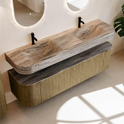 MONDIAZ THOR-DLUX 170cm meuble de salle de bains arrondi gauche + droite couleur Dusk avec 1 tiroir et 2 portes. Vasque suspendue CLOUD Double 2 trous de robinet couleur Oza.