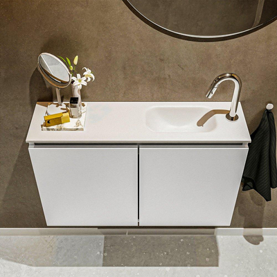 MONDIAZ TURE Ensemble lave-mains - 80x23x50cm - 1 trou de robinet - 2 portes - talc mat - Vasque à droite - Solid Surface Blanc