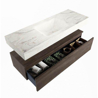 Mondiaz ALAN - DLUX ensemble de meuble de salle de bain - 130cm - meuble sous-vasque - Marron Foncé - 1 tiroir - lavabo suspendu - évier au centre - 0 trous de robinet - Ostra