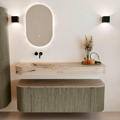 MONDIAZ THOR-DLUX 140cm meuble de salle de bains arrondi gauche + droite couleur Shadow avec 1 tiroir et 2 portes. Vasque suspendue CLOUD gauche sans trou de robinet couleur Arena.