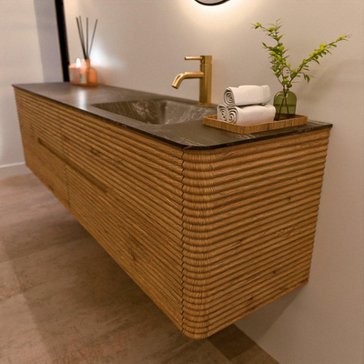 Mondiaz CIRO-DLUX Badkamermeubelset - 190x45x50cm - Solid surface wastafel Lava - 1 wasbak Rechts - 1 kraangat - 4 lades - Oak