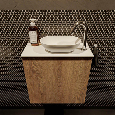 Mondiaz Fowy meuble de toilette - 50x50x23cm - chêne blanchi mat - 1 trou de robinet - lavabo à droite - 1 porte - solid surface - plan Mélamine - lavabo : blanc