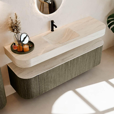 MONDIAZ THOR-DLUX 160cm meuble de salle de bains arrondi gauche + droite couleur Shadow avec 1 tiroir et 2 portes. Vasque suspendue CLOUD Milieu 1 trou de robinet couleur Meli.