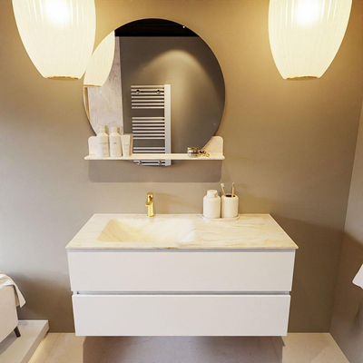 Mondiaz VICA-DLUX ensemble de meuble de salle de bain - 110cm - meuble sous lavabo talc - 2 tiroirs - lavabo encastré cloud gauche - 1 trou de robinet - version haute de 60cm - ostra