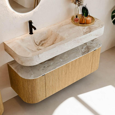 MONDIAZ THOR-DLUX 130cm badmeubel ronding links + rechts kleur Oak met 1 lade en 2 deuren. Vrijhangende wastafel CLOUD Links 1 kraangat kleur Frappe.