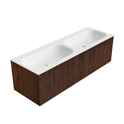 MONDIAZ KURVE Meuble de salle de bains 140 cm couleur Walnut avec 2 tiroirs. Lavabo BIG SMALL double sans trou de robinet Talc.