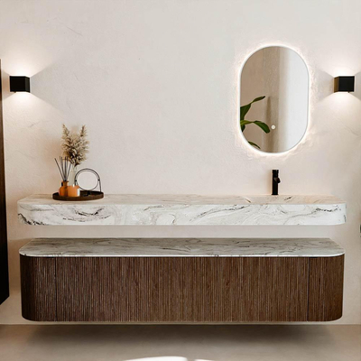 MONDIAZ THOR-DLUX 200cm meuble de salle de bains arrondi gauche + droite couleur Walnut avec 2 tiroirs et 2 portes. Vasque suspendue CLOUD Droite 1 trou de robinet couleur Glace.