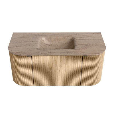 MONDIAZ KURVE-DLUX Meuble de salle de bains 100cm arrondi Gauche + Droite couleur Chêne avec 1 tiroir et 2 portes. Lavabo GRUNNE Central sans trou de robinet Saba.