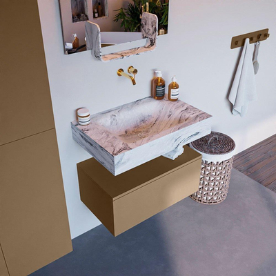 Mondiaz ALAN-DLUX Ensemble de meuble - 70cm - meuble Oro mat - 1 tiroir - Lavabo Cloud Glace suspendu - vasque Centre - 0 trous de robinet