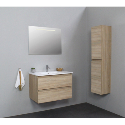 Basic Bella Meuble salle de bains avec lavabo céramique Blanc 80x55x46cm 1 trou de robinet avec miroir et éclairage Chêne