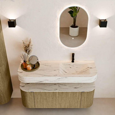 MONDIAZ THOR-DLUX 130cm meuble de salle de bains arrondi gauche + droite couleur Dusk avec 1 tiroir et 2 portes. Vasque suspendue CLOUD Droite 1 trou de robinet couleur Nata.