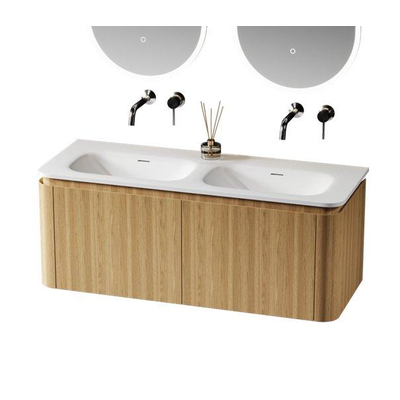 Saniclass Terra Wastafelonderkast - 120cm - 2 lades - wastafel solid surface - 1 wasbakken - zonder kraangaten - afgeronde hoeken - sandwood (Licht eiken)