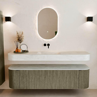 MONDIAZ THOR-DLUX 170cm meuble de salle de bains arrondi gauche + droite couleur Shadow avec 1 tiroir et 2 portes. Vasque suspendue CLOUD Milieu sans trou de robinet couleur Opalo.