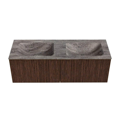 MONDIAZ KURVE-DLUX 130cm badmeubel kleur Walnut met 2 lades en 0 deuren. Wastafel LEAF Dubbel 2 kraangaten Oza.