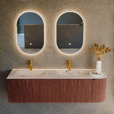MONDIAZ KURVE-DLUX Meuble de salle de bains 155cm arrondi à droite couleur Ruby avec 2 tiroirs et 1 porte. Lavabo LEAF Double / Gauche 2 trous de robinet Nata.