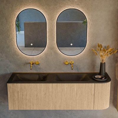 MONDIAZ KURVE 145cm Meuble salle de bain avec module 25 D - couleur Oak - 1 tiroir - 1 porte - vasque CLOUD double / gauche - sans trous de robinet - Urban