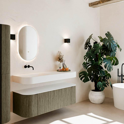 MONDIAZ THOR 140cm meuble de salle de bains arrondi gauche + droite couleur Shadow avec 1 tiroir et 2 portes. Vasque suspendue CLOUD Gauche sans trou de robinet couleur Talc.