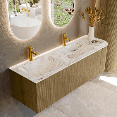 Mondiaz KURVE-DLUX Badkamermeubelset - 145x46x40cm - 1 lade - 1 deur - wastafel solid surface - dubbel / links - 2 kraangaten - Dusk