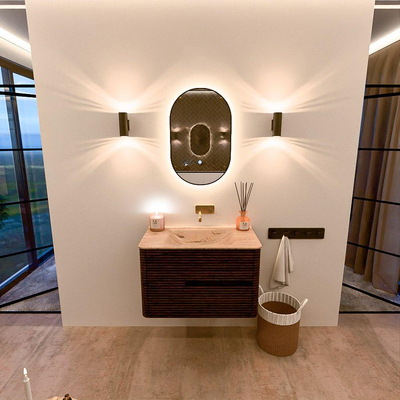 Mondiaz CIRO-DLUX Badkamermeubelset - 80x45x50cm - Solid surface wastafel Arena - 1 wasbak Midden - zonder kraangaten - 2 lades - Walnut